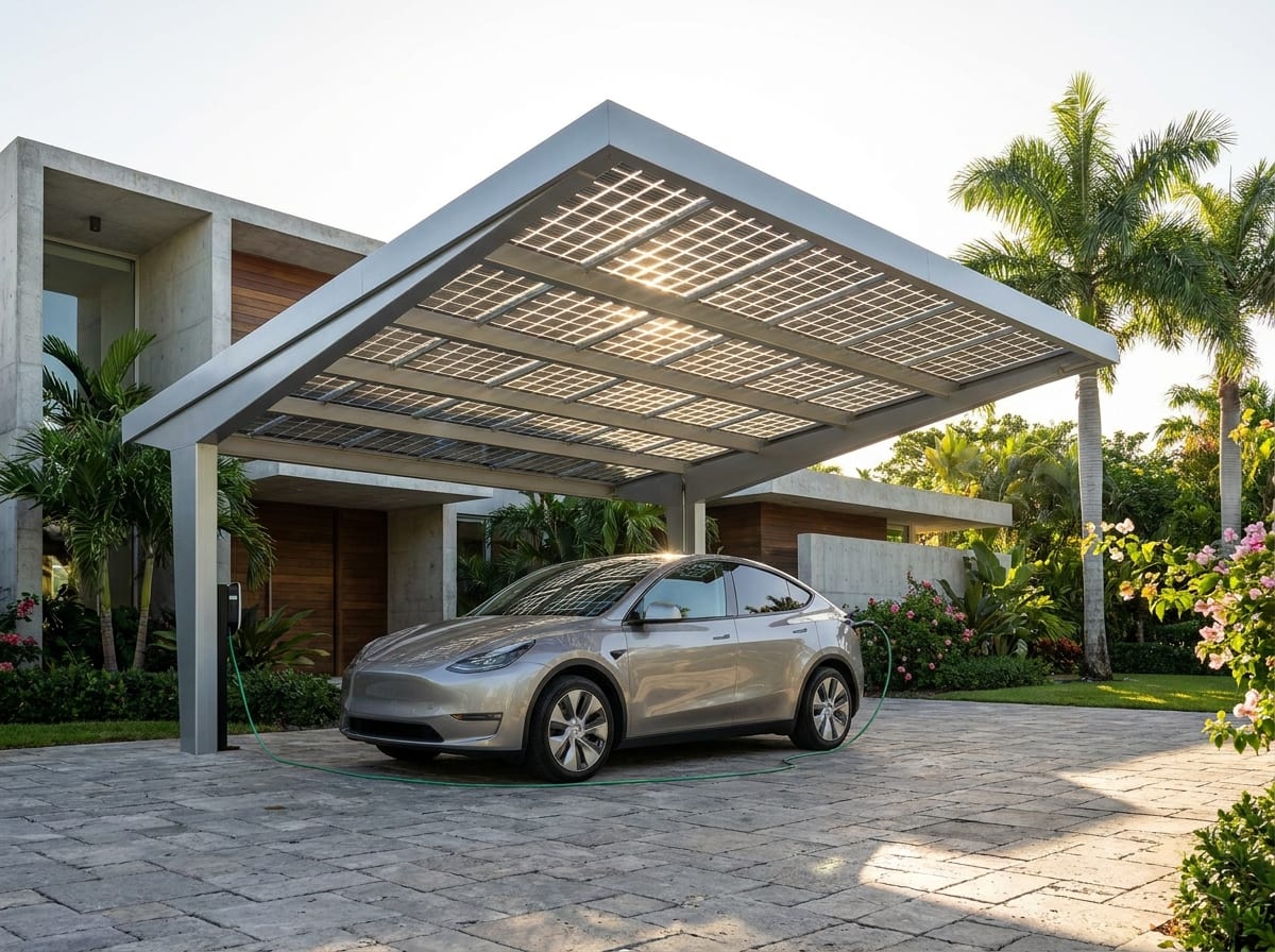Carport solaire en aluminium avec véhicule électrique en recharge